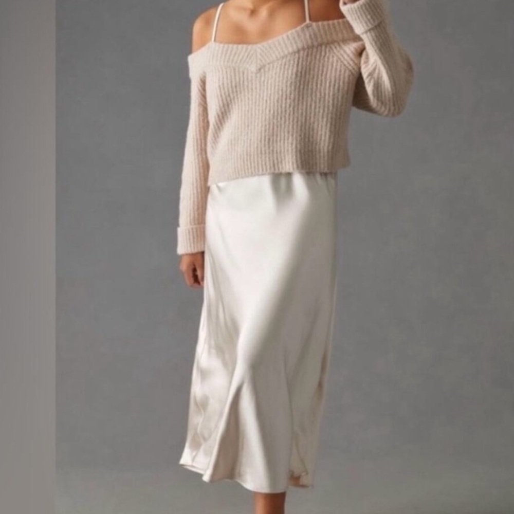 Anthropologie Cream Satin Sweater Slip Dress